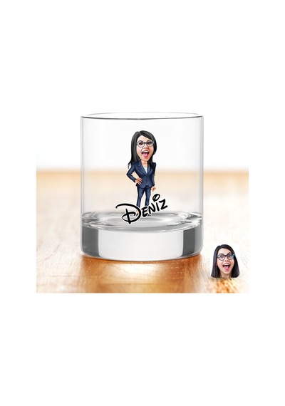 Kişiye Özel Renkli Baskılı Kadın Patron Karikatürlü Viski Bardağı-4 Çok Renkli