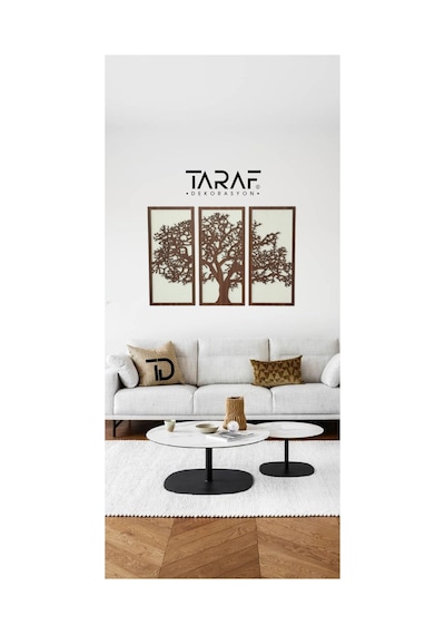 3 Parça Ağaç Tablo Lazer Kesim Dekoratif Tablo 42x62 Krem Ceviz