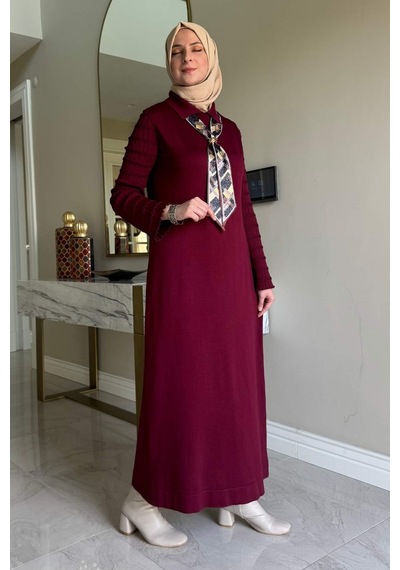 Rabia Şamlı Şölen Fularlı Triko Elbise Bordo Normal