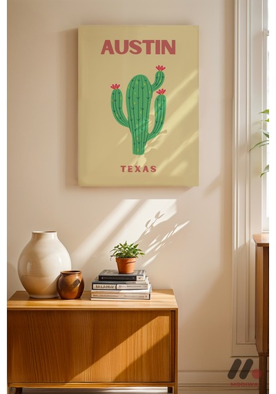 Austin Teksas Kaktüs Posteri, Çerçevesiz Yüksek Kalite Duvar Afişi - Seyahat Severlere Hediye