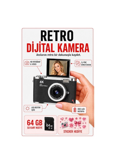 Solvis 4k Dijital Retro Fotoğraf Makinesi 48mp 18x Zoom 180 Dönen Ekran Flaşlı 64gb Sd Kart  Selfie Vlog Kamera Siyah