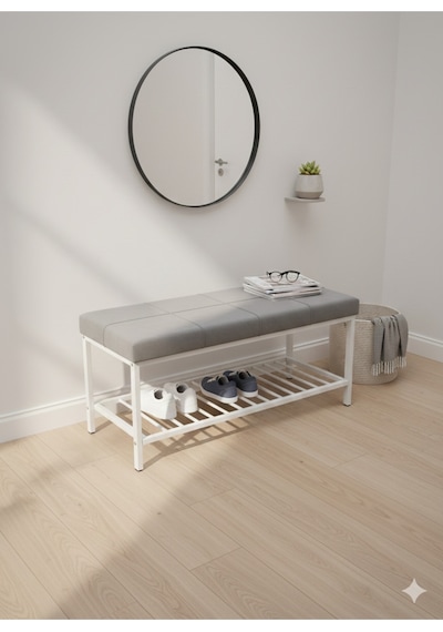Özcan Metal Beyaz Metal Ayaklı Raflı Bench Puf Bank Antre Mutfak Salon Yatak Odası Puf Bank 105 40 Gri