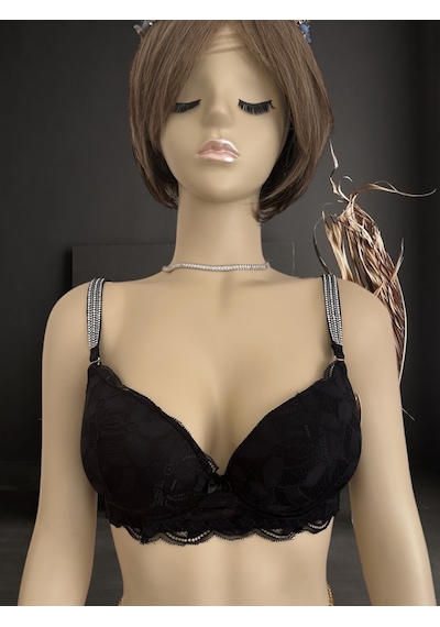 Jasmine Askıları Parlak Taşlı Hafif Destekli Dantelli Soft Cup İt Siyah