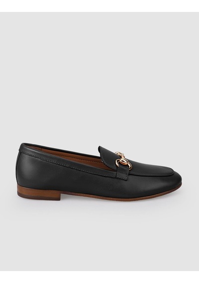 %100 Hakiki Deri Siyah Tokalı Kadın Loafer Siyah