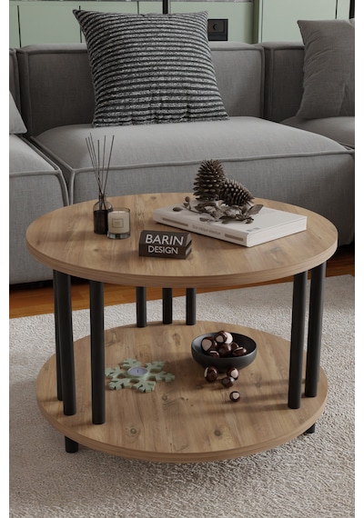 Modern Yuvarlak Orta Sehpa Çift Katlı Siyah Metal Ayaklı Salon, Ofis, Dekoratif Masa Atlantik Çam Modern Yuvarlak Orta Sehpa Çift Katlı Siyah Metal Ayaklı Salon, Ofis, Dekoratif Masa Atlantik Çam