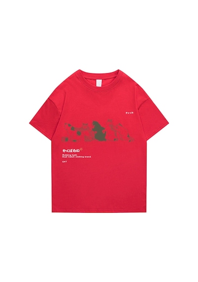 Flood Of Style Erkek Pembe Kedi Baskılı Oversize Bisiklet Yaka Tshirt