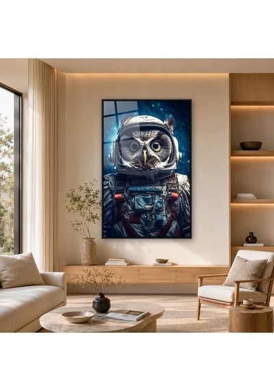 Astronot Kasklı Baykuş Siyah Çerçeveli Cam Tablo