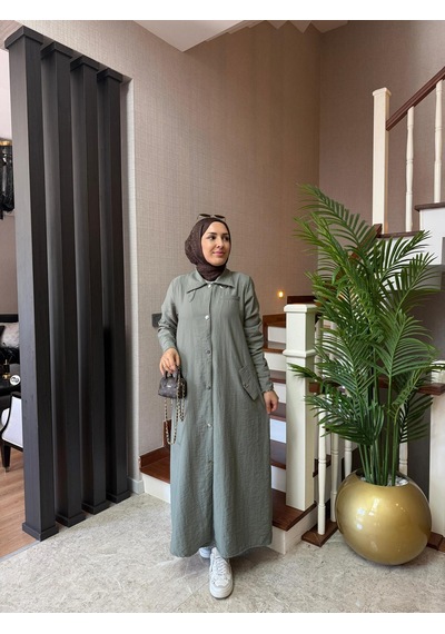 Esra Butik78 Haki Renk Büyük Beden Uyumlu Yazlık Paraşüt Kumaş Tesettür Elbise