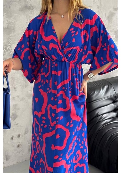 Neşeli Butik Kadın Kruvaze Yaka Desenli Dokuma Viskon Elbise Nbk2091 Mavi
