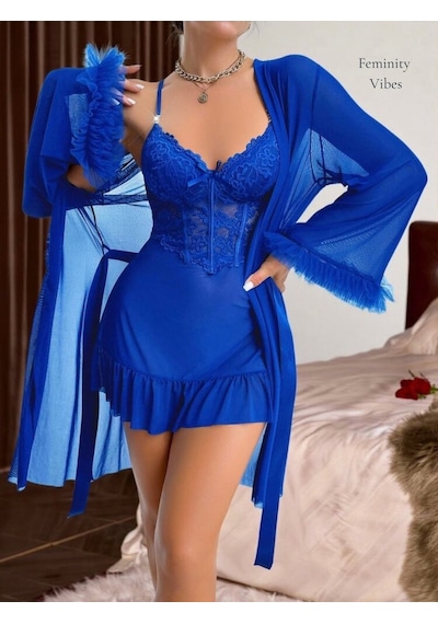 İntive Lingerie Sugar Cool Transparan Tülden Volan Detaylı Mini Gecelik Sabahlık Saks Mavisi İntive Lingerie Sugar Cool Transparan Tülden Volan Detaylı Mini Gecelik Sabahlık Saks Mavisi