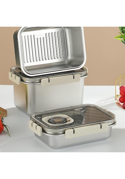 Paslanmaz Çelik Saklama Kabı, Tarih İndikatörlü Sızdırmaz Bento Yemek Kabı, Kilitli Kapaklı Ev Akıllı Gıda Koruyucu Sefer Tası 1.6lt Dikdörtgen