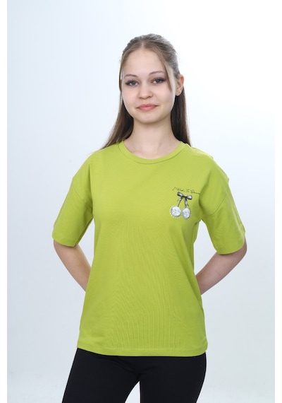 Toontoy Kids Toontoy Kız Çocuk Bisiklet Yaka Düşük Omuz Kısa Kollu Baskılı Tişört 24973 Yeşil