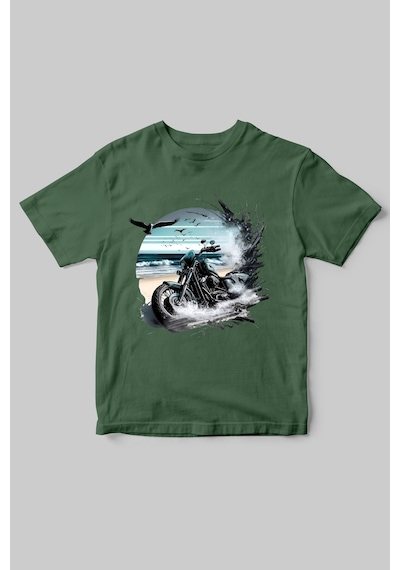 Motorcu Temalı Chopper Motorsiklet Ve Deniz Baskılı Regular Fit %100 Pamuk Bisiklet Yaka T-shirt Haki
