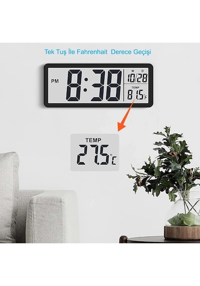 Modern Lcd Dijital Duvar Saati 20x8 Cm Usb Ve Pilli Zaman, Tarih, Sıcaklık Siyah