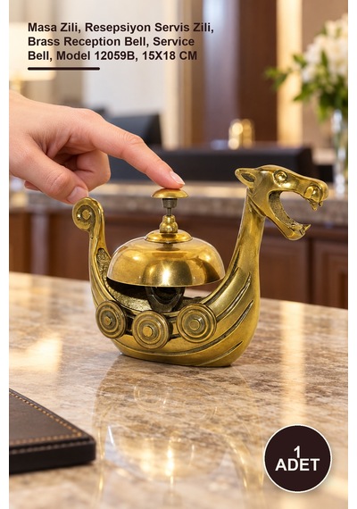 1 Adet Pirinç Resepsiyon Çanı Masa Zili, Resepsiyon Servis Zili, Brass Reception Bell, Service Bell, Model 12059b, 15x18 Cm