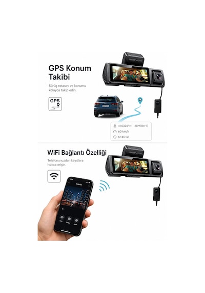 Bagajon 3 Kameralı Yapay Zekâ Destekli 4k Araç İçi Kamera Ön İç Arka Kamera Wifi Gps Adas 24 Saat Park Modu Gece Görüşlü