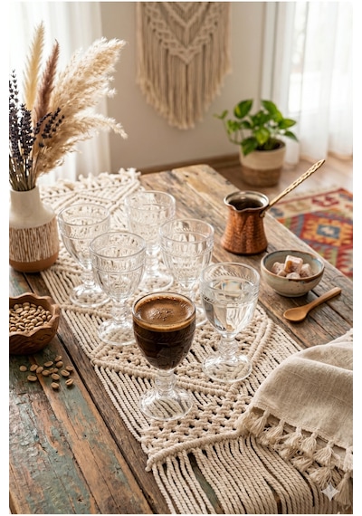 6'lı Ayaklı Kahve Yanı Su Bardağı Seti Vintage Kristal Kesim Bohem Şık Sunum Kadeh Takımı Şeffaf