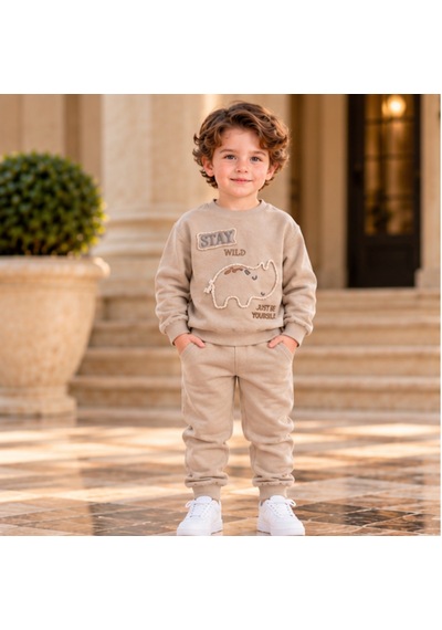 Maxx Kelın Erkek Bebek 2'li Takım Bej Dinozor Baskılı Sweatshirt Ve Pantolon 6-12-18-24 Ay