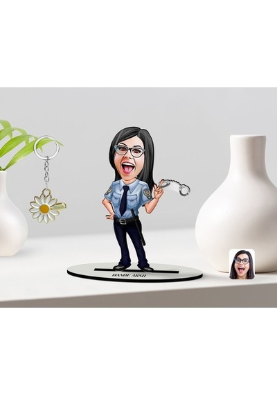 Kişiye Özel Kadın Polis Karikatürlü 3D Ahşap Biblo Ve Isimli Gold