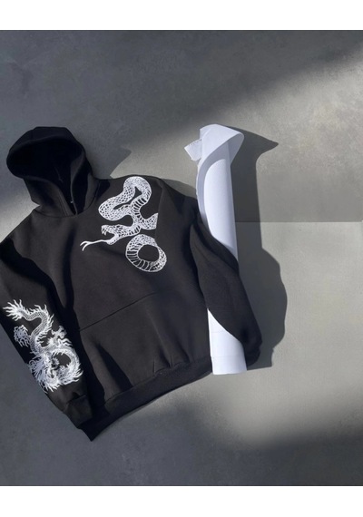 Valensdesign Uzun Kol Kapşonlu Baskılı Sweatshirt - Siyah