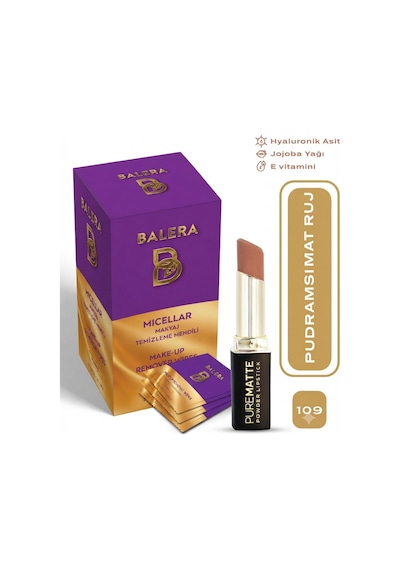 Pure Matte Powder Lipstick No: 109 - Nemlendirici Pudramsı Mat Ruj Makyaj Temizleme Mendili Hediyeli 0