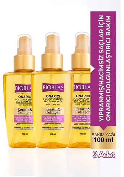 Keratin & Kolajen Onarıcı Dolgunlaştırıcı Saç Bakım Yağı 100 Ml İnce Yıpranmış Saçlar 3'lü