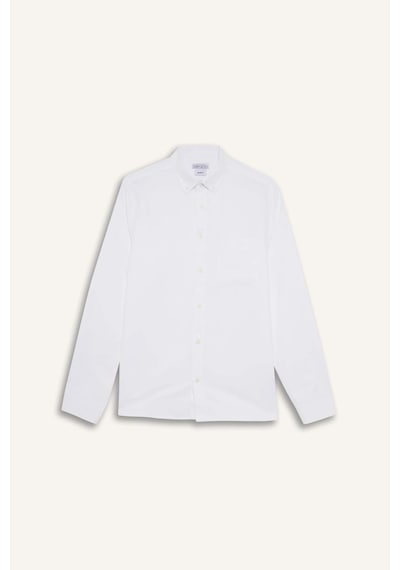 DeFacto Slim Fit Dar Kesim Polo Yaka Dokulu Uzun Kollu Beyaz Gömlek T2066AZ25SPWT34