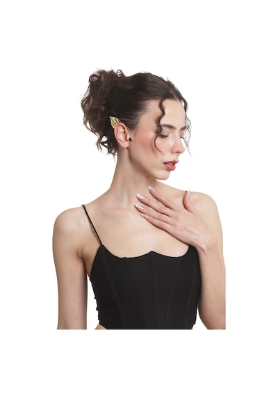 Kadın Altın Renk Lak Kaplama Taşlı Yaprak Stilizesi Sağ Kulak Earcuff & Kıkırdak Küpe Çok Renkli