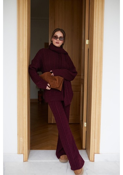 Meecy Kadın Triko Pantolon Takım Oversize Saç Örgülü Bordo Bordo