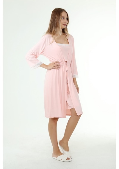 Luvmabelly Myra9650 Sabahlıklı Önden Bölmeli Dantelli Emzirme Geceliği -pembe-pembe