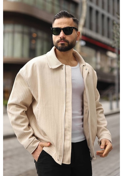 Yeni Sezon Dokulu Oversize Bol Kalıp Bomber Ceket Krem
