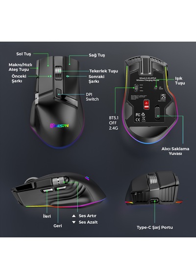 Mkespn W13 Dual Mode Gaming Mouse 10000 Dpı 10 Tuş 1000hz Rgb - Siyah