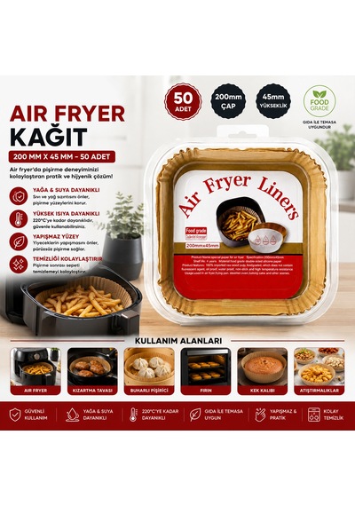 Air Fryer Kağıt Pişirme Kalıbı Kare, Taban 20cm, Kenar 4.5cm 50'li