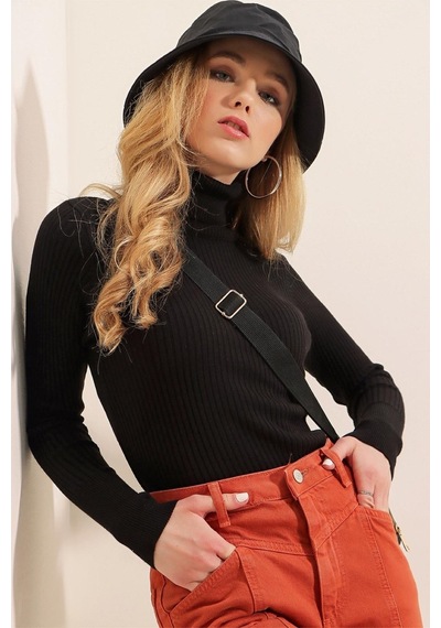 Onno Style Women Fitilli Balıkcı Yaka Basic Kazak Siyah
