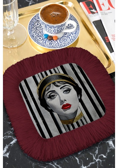 Lüks Portreli Saçaklı Sunum Peçetesi - Sanatsal Glam Retro Bordo Altın Renkli Bardak Altlığı Mendil Çok Renkli