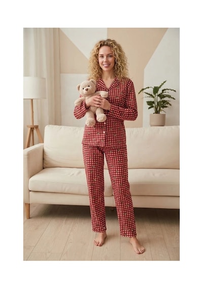 Pijamoni Kadın Süet Kumaş Önü Düğmeli Uzun Kollu Pijama Takımı Kırmızı Kareli Desenli