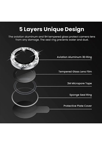 İphone 13/13 Mini İle Uyumlu Yüksek Kalite Parlak Elmas Desenli Taşlı Gümüş Özel Tasarım Kamera Lens Koruyucu İdb-91