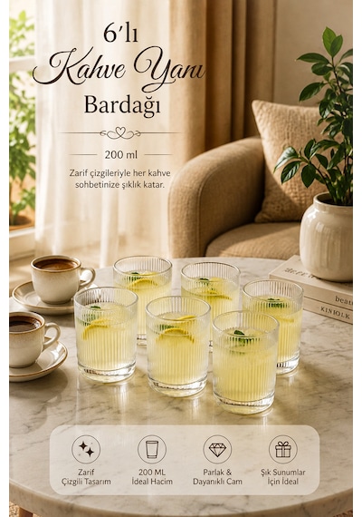 Porsima Berrak 13938-1 6'lı İnce Çizgili Cam Kahve Yanı Su Bardak Seti 200 Ml / Cc Meşrubat & İkram Bardağı
