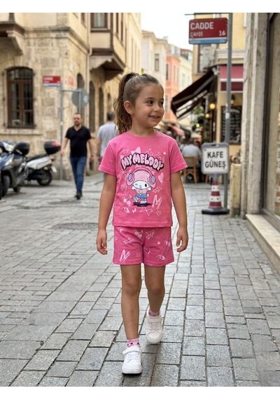 Ela Melody Kız Çocuk Pamuk Penye Şortlu Takım Koyu Pembe