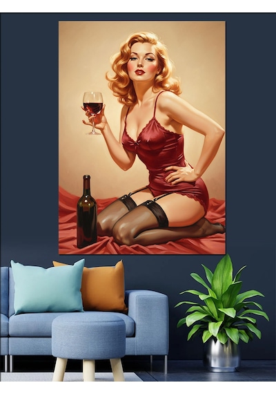 Şarap İçen Kırmızı Gecelikli Seksi Retro Kadın Dekoratif Kanvas - Mdf Ahşap Tablo