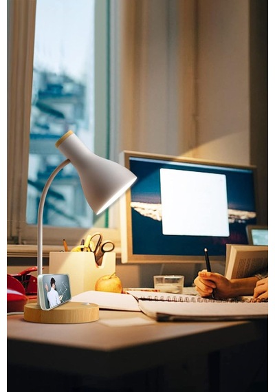 Usb Led Masa Lambası Gri Ahşap Tabanlı Modern Dekoratif, Şık Esnek Boyunlu Ofis Ve Çalışma Lambası Gri