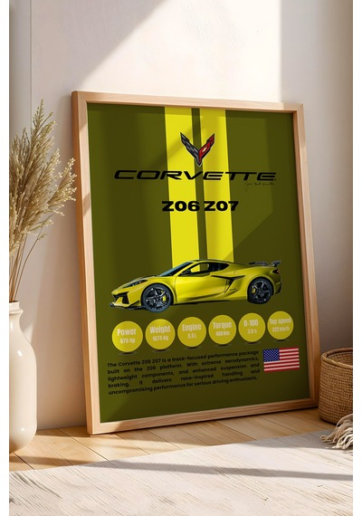 Corvette Z06 Z07 Araba Tablosu - Teknik Özellikli Otomobil Poster - Çerçeveli Duvar Dekoru Kayın
