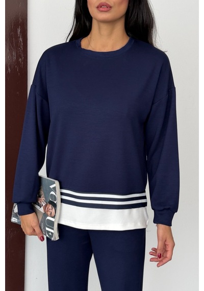 Ded Collectıon Kadın Yanı Yırtmaçlı İnce Şerit Detaylı Uzun Kol Sweatshirt Modal Takım Lacivert Ded Collectıon Kadın Yanı Yırtmaçlı İnce Şerit Detaylı Uzun Kol Sweatshirt Modal Takım Lacivert
