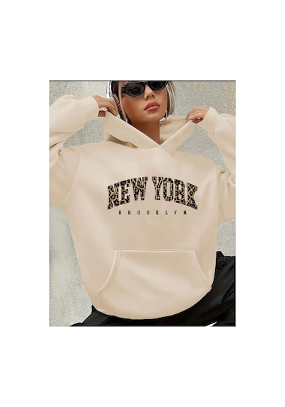 Herkesemoda New York Yazı Detay Baskılı İçi Polarlı Kapüşonlu Sweatshirt Bej
