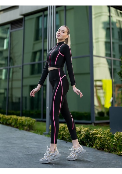 Lismina Menton Neon Pembe Biyeli Siyah Spor Tayt Siyah - Pembe