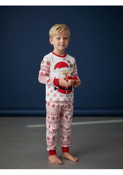Zekids Çocuk Pamuklu Yılbaşı Temalı Noel Baba Baskılı Pijama Takımı-16589 Renklı