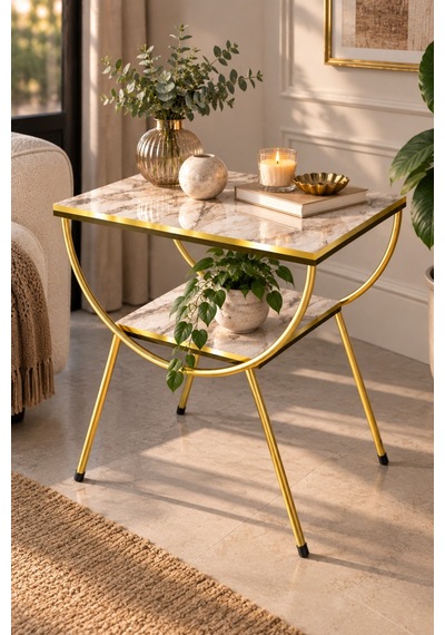 Sulorahome Gold Metal Yan Sehpa Mermer Desenli Çift Raf Kapasiteli Altın - Beyaz Mermer