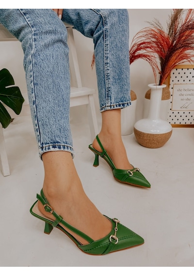 Ervanın Butiği Yeşil Deri (Moss) Toka Detay Kadın Stiletto Yeşil