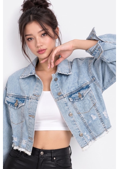 Saade Mavi Sırt Yırtık Detaylı Püsküllü Crop Denim Ceket