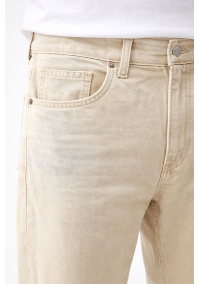 Erkek Yıkamalı Krem Baggy Jean Pantolon Günlük Rahat Kesim Krem
